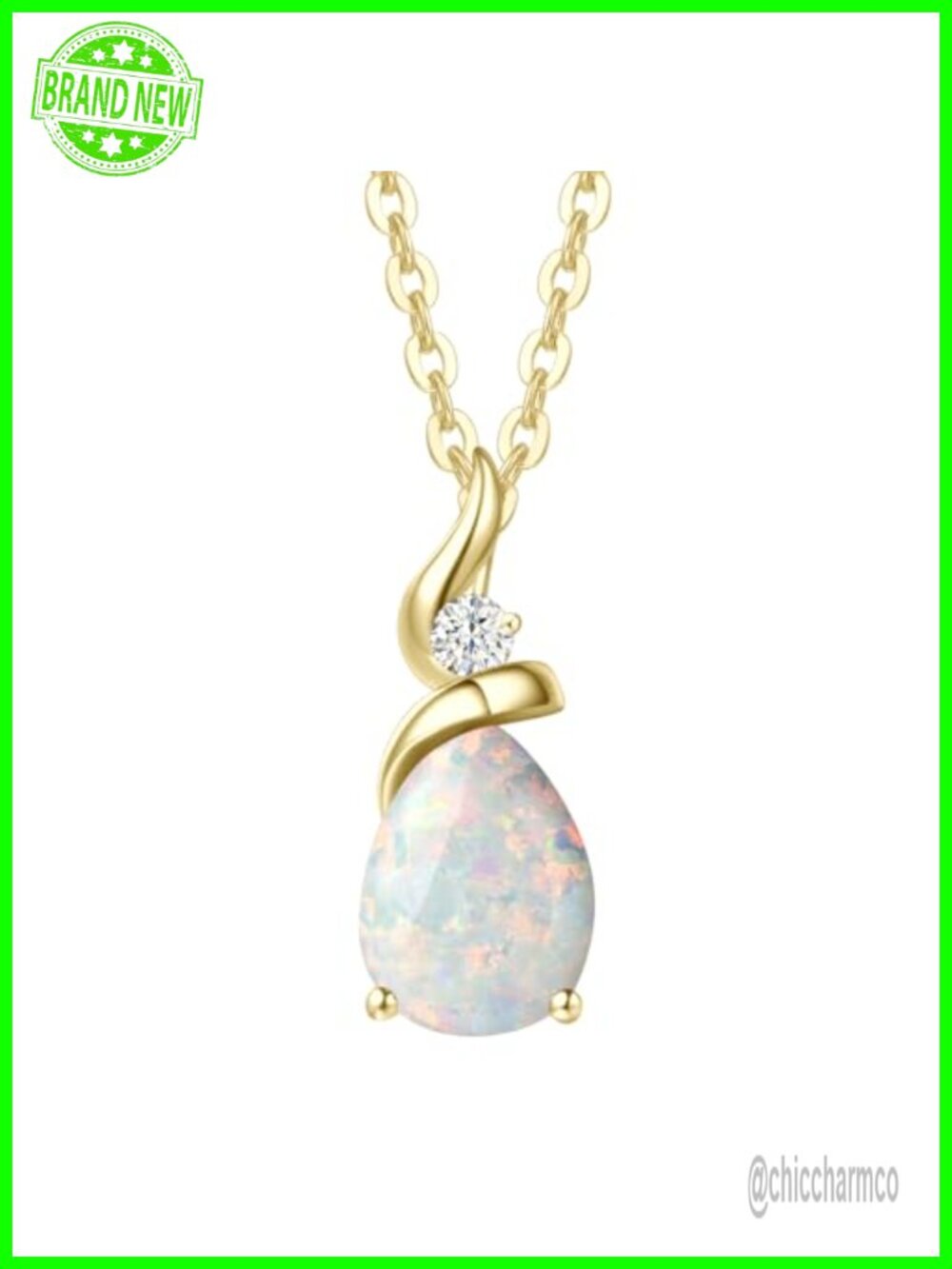 14K Yellow Gold Teardrop Created Opal & Diamond Pendant Necklace